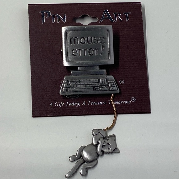JJ Vintage Funny "Mouse Error!" Dangling Cat Pewter-Toned Pin Brooch NWT - Picture 2 of 4